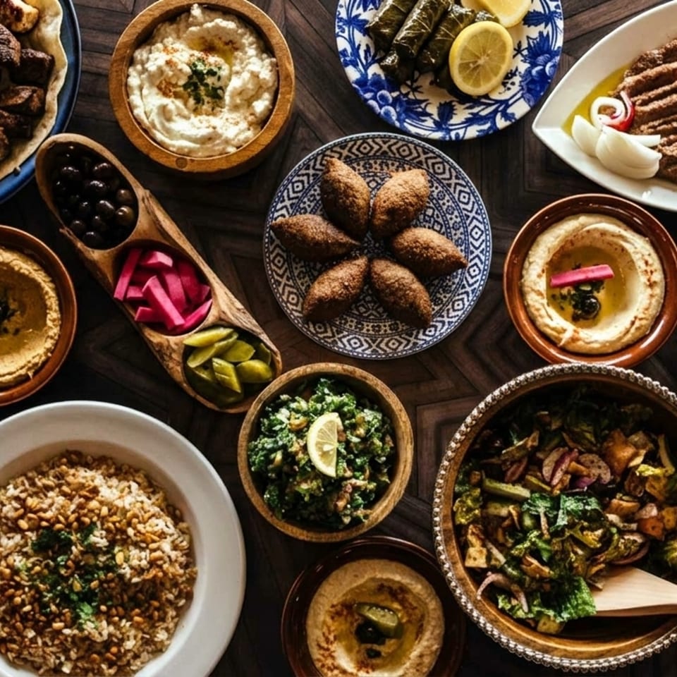 Overhead view of a large spread of Lebanese dishes, including hummus, kibbeh, skewers, and salads.