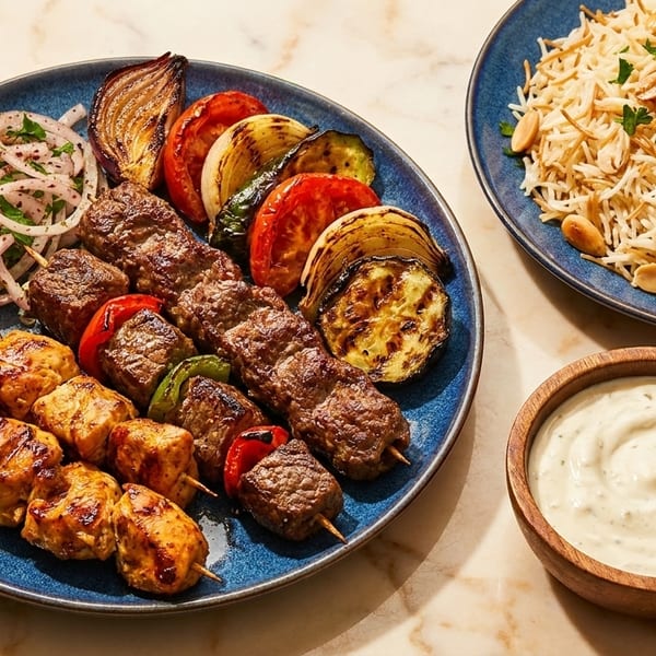 Grilled chicken and beef kebabs with roasted vegetables, rice pilaf, and a side of sauce.