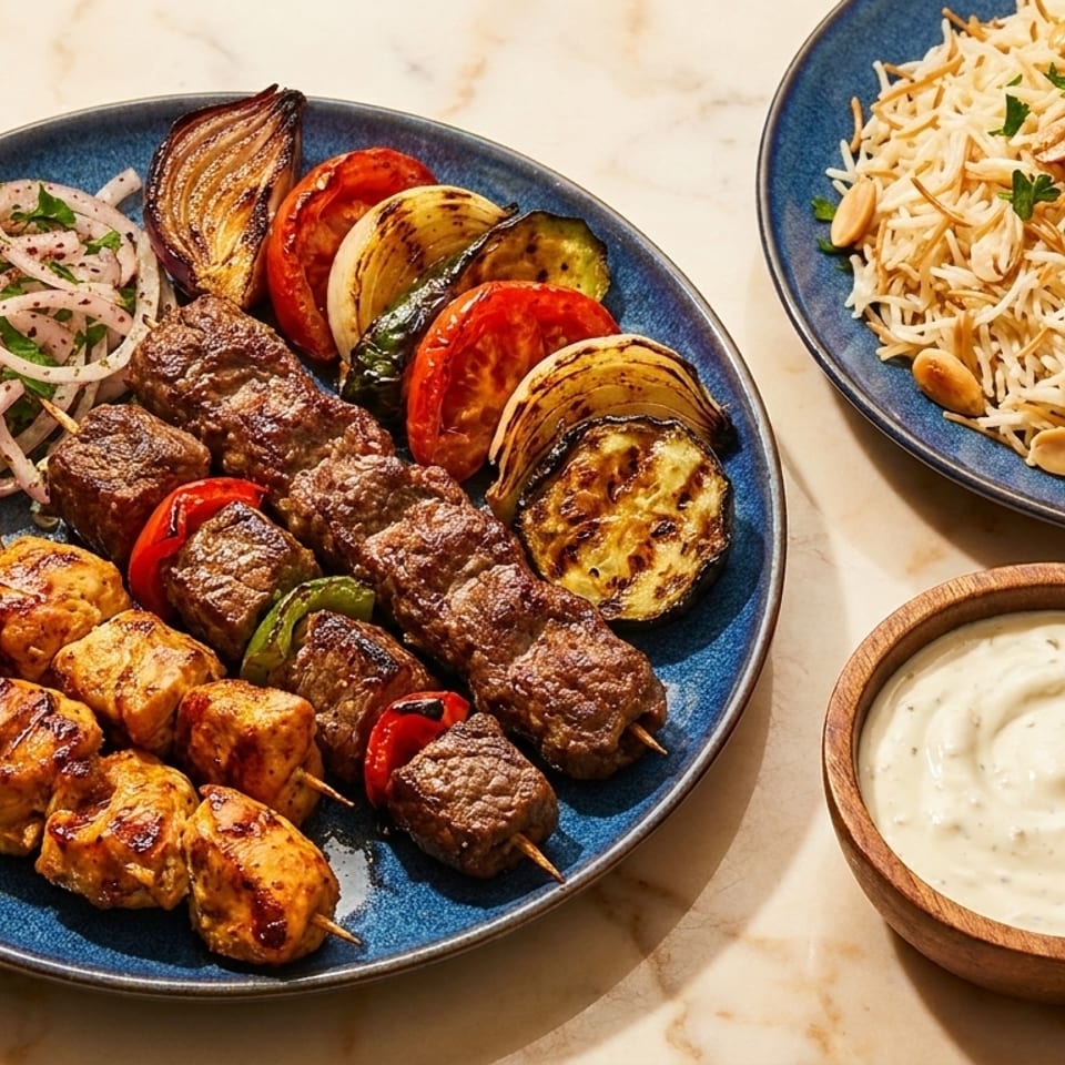 Grilled chicken and beef kebabs with roasted vegetables, rice pilaf, and a side of sauce.