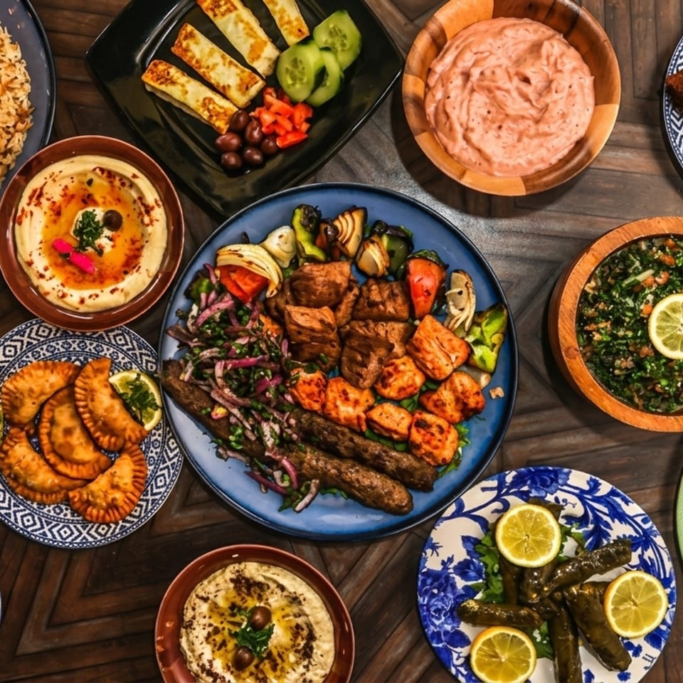 Overhead view of a large spread of various Middle Eastern dishes on a wooden table.